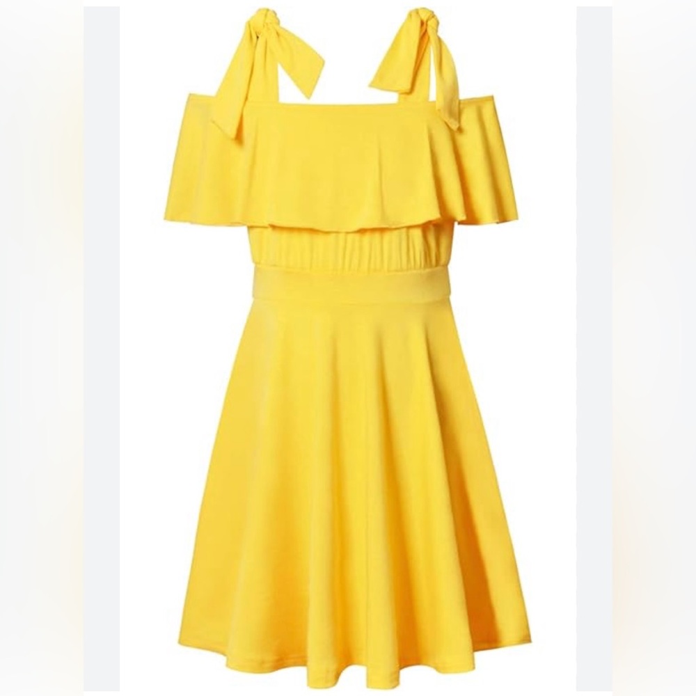 Mira girls, yellow, dress perfect for Easter. Off the shoulder and tie on top.